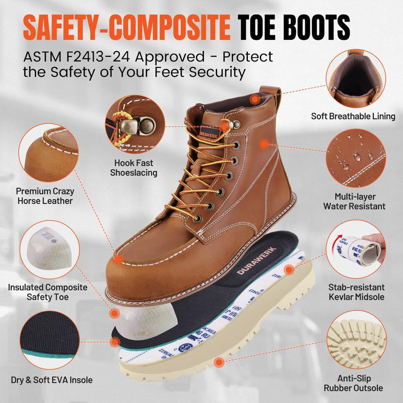#Laborday DURAWERK Men'S Composite Toe Work Boots, Non-Slip Safety Shoes, Water-Resistant Leather Construction Boots