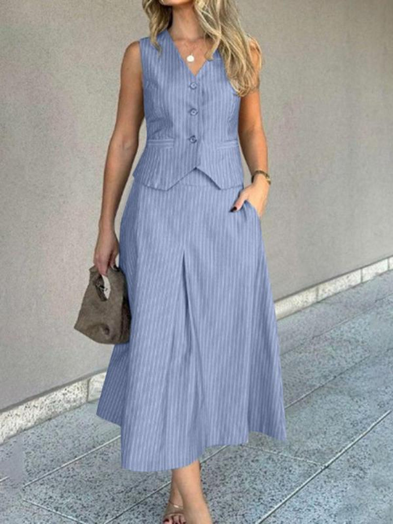 Women'S Striped Print Vest & High Waist Skirt Two-Piece Set, Casual Sleeveless Button Front Top & a Line Skirt for Work Office Business, Ladies Summer Clothes