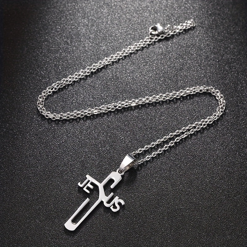 1pc Jesus Letter Cross Pendant Necklace, Stainless Steel Personality Design Fashion Metal Necklace Jewelry Gift