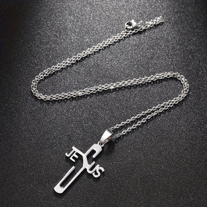 1pc Jesus Letter Cross Pendant Necklace, Stainless Steel Personality Design Fashion Metal Necklace Jewelry Gift