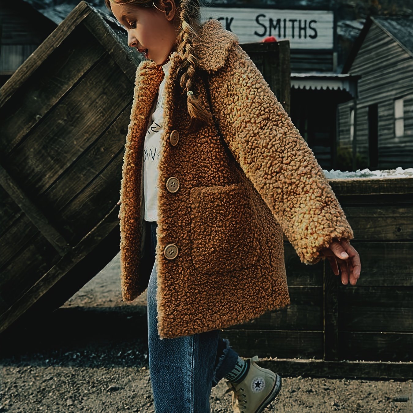 Girls' Lamb Fur Jacket | JOMAKE Korean-Style Lapel Collar, Two-Tone, Warm Windbreaker with Pockets, Lining, Button Closure, Long Sleeves for Winter