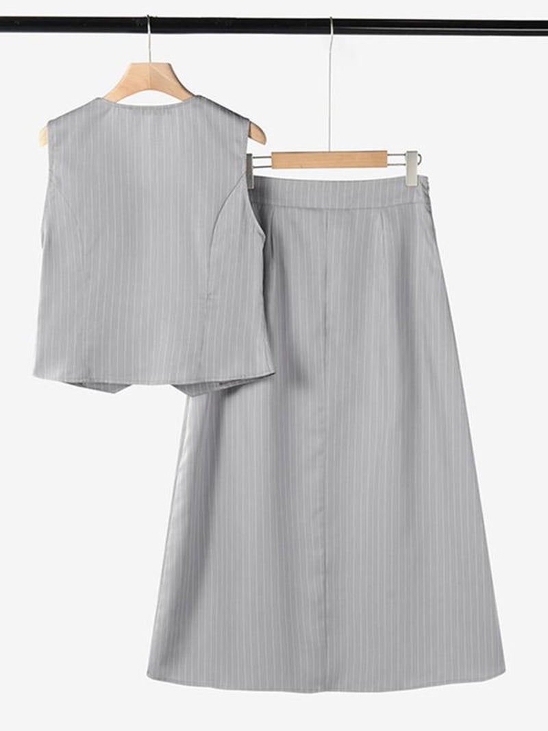 Women'S Striped Print Vest & High Waist Skirt Two-Piece Set, Casual Sleeveless Button Front Top & a Line Skirt for Work Office Business, Ladies Summer Clothes