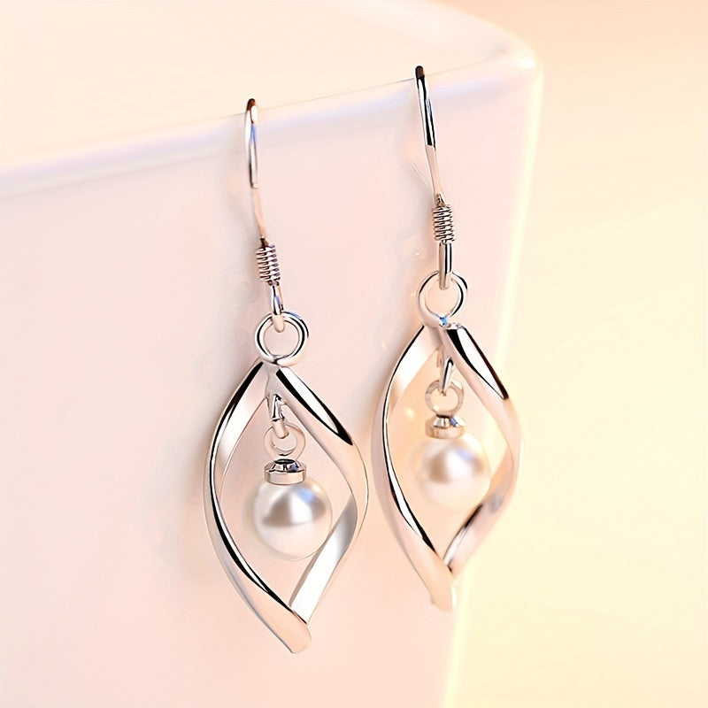 2 Pieces Silver Twisted Frame Imitation Pearl Hanging Earrings, Elegant Fashion Jewelry for Women and Girls