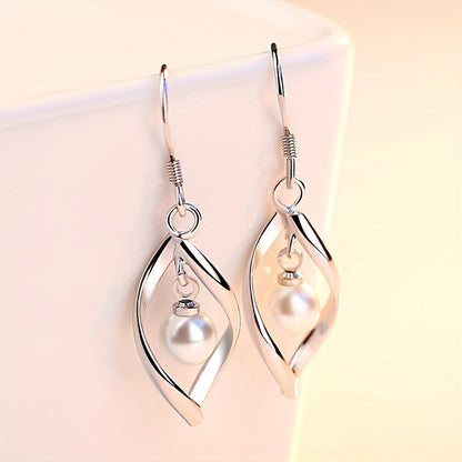 2 Pieces Silver Twisted Frame Imitation Pearl Hanging Earrings, Elegant Fashion Jewelry for Women and Girls