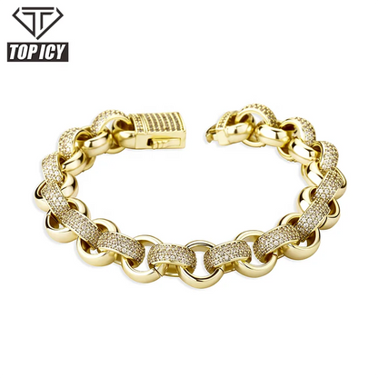 Hot Sale Bracelet Luxury 12mm O Shape Cuban Link Chain Gold Plated Jewelry Crystal Bracelet