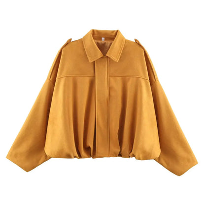PB&ZA Women 2025 Spring New Chic Fashion Suede Bomber Jacket with Lapel Coat Vintage Long Sleeve Female Outerwear Chic