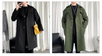 Mens Hooded Long Woolen Coats Oversized Solid Color Winter Windbreaker Korean Style Casual Outwear