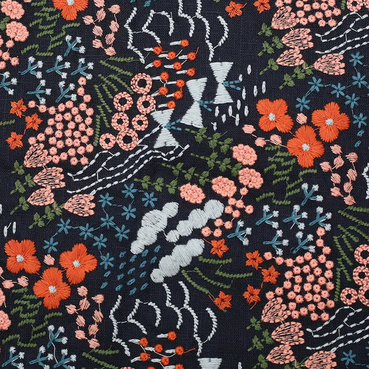 Width 125 cm Colorful Handmade Embroidery Plant Flowers Fabric Bamboo Cotton Linen Rayon Fabric for Cheongsam Dress Bag