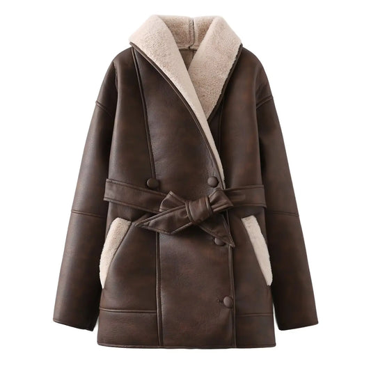 Chocolate Brown High Quality Women Leather Coat With Fur Long Sleeve Women's Faux Fur Coats Winter Clothing Overcoat Jacket