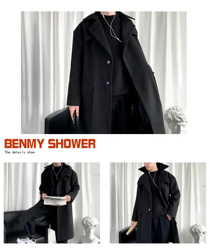 Mens Hooded Long Woolen Coats Oversized Solid Color Winter Windbreaker Korean Style Casual Outwear
