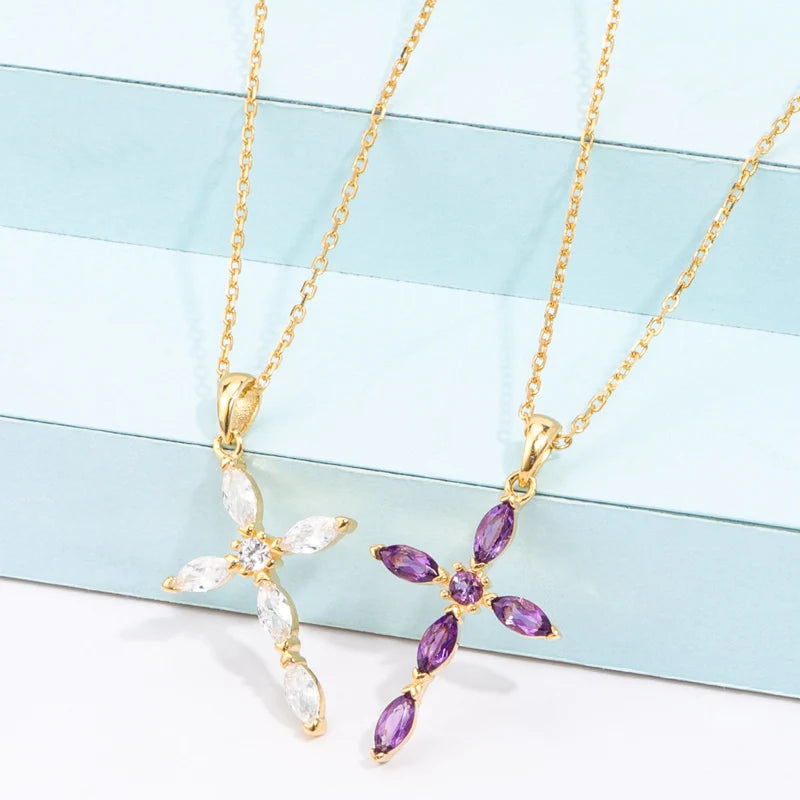 Vintage Women Jewelry Gift Gemstone Hand Setting Marquise Round Shape Amethyst Cross Necklace for Christmas Gift