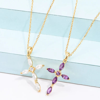 Vintage Women Jewelry Gift Gemstone Hand Setting Marquise Round Shape Amethyst Cross Necklace for Christmas Gift