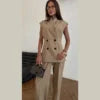 2025 Women Elegant Solid Jacket Pants Set Sleeveless Double Breasted Stand Collar Top Straight High Waist Trousers Women Suit