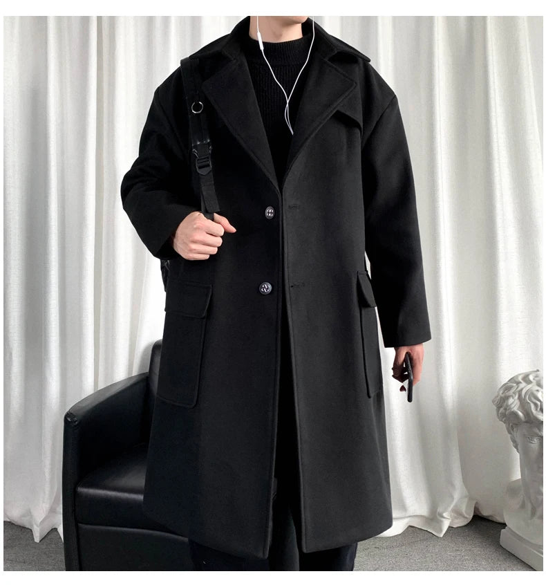 Mens Hooded Long Woolen Coats Oversized Solid Color Winter Windbreaker Korean Style Casual Outwear