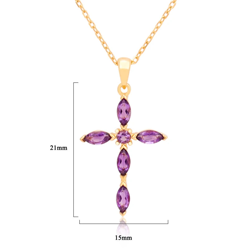 Vintage Women Jewelry Gift Gemstone Hand Setting Marquise Round Shape Amethyst Cross Necklace for Christmas Gift