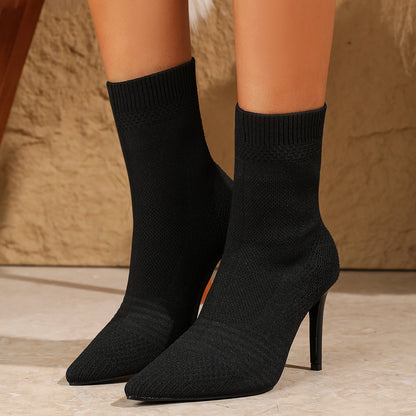 Autumn and Winter New Style Pointed Toe Thick Heel Fashionable High Heels Versatile Elastic Boots Women's High Heel Ankle Boots