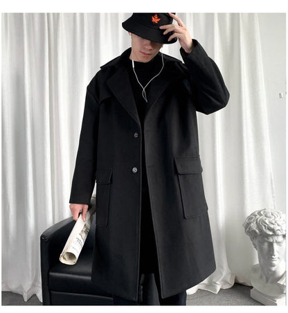 Mens Hooded Long Woolen Coats Oversized Solid Color Winter Windbreaker Korean Style Casual Outwear