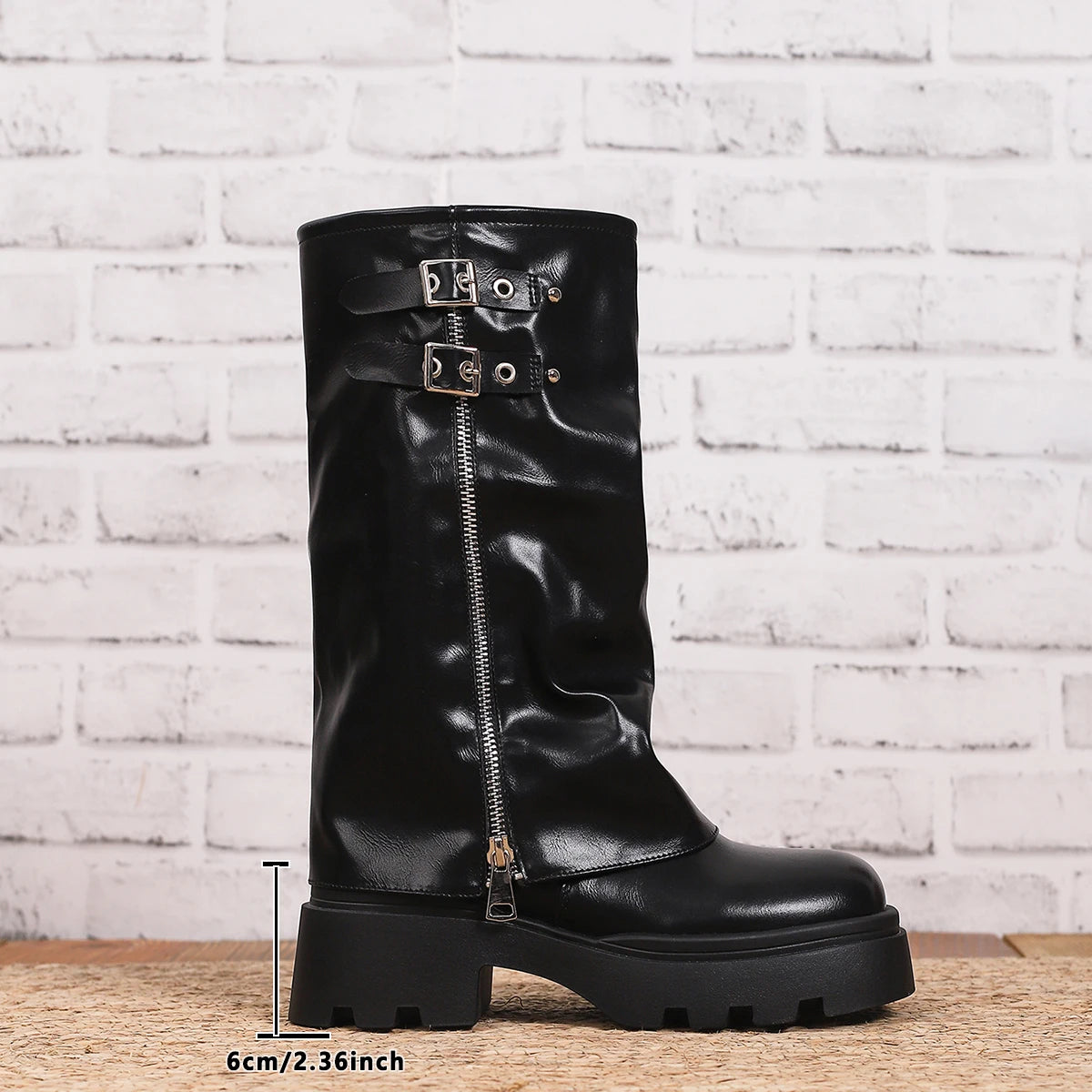 Women's New Fashion Long Boots with Round Toe Buckle and Thick Heel and Thick Sole European and American Style Boots