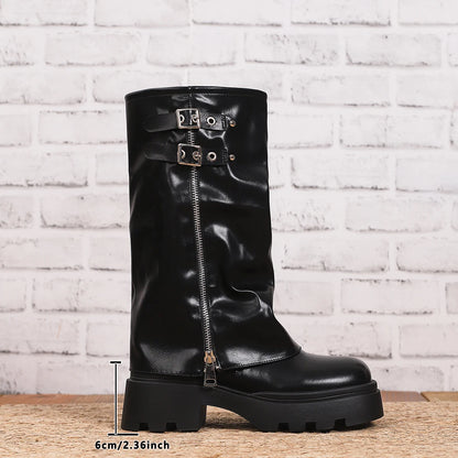 Women's New Fashion Long Boots with Round Toe Buckle and Thick Heel and Thick Sole European and American Style Boots