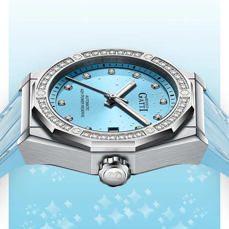 Bonest Gatti Fashion Mechanical Automatic Skeleton Lady Fashion Luxury  Watch for Women  Mosan Diamond Dial Leather Strap Watch