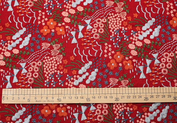 Width 125 cm Colorful Handmade Embroidery Plant Flowers Fabric Bamboo Cotton Linen Rayon Fabric for Cheongsam Dress Bag