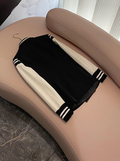 Custom Designed Black White Colorblock Lady Baseball Jacket Women Long Sleeve Double-breasted Patchwork Striped Blazer