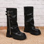Women's New Fashion Long Boots with Round Toe Buckle and Thick Heel and Thick Sole European and American Style Boots