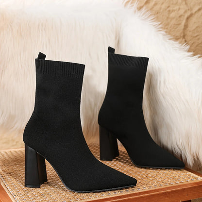 Autumn and Winter New Style Pointed Toe Thick Heel Fashionable High Heels Versatile Elastic Boots Women's High Heel Ankle Boots