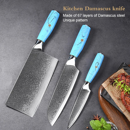Customizable Kitchen Chef Knife Set 67-Layer Damascus Steel with Turquoise Handle for Food Preparation