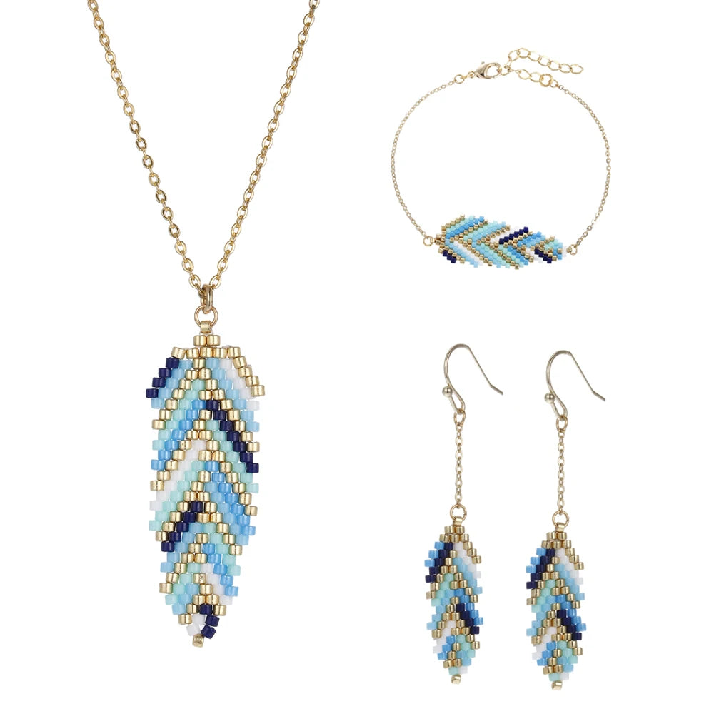 Hand Made Trendy Boho Jewelry Women Seed Beads Bracelets Necklace Earrings Leaf Miyuki Jewelry Set