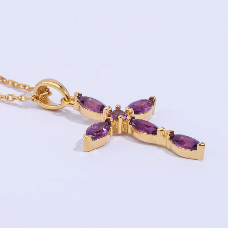 Vintage Women Jewelry Gift Gemstone Hand Setting Marquise Round Shape Amethyst Cross Necklace for Christmas Gift