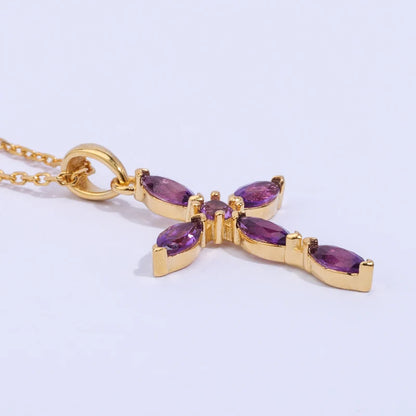 Vintage Women Jewelry Gift Gemstone Hand Setting Marquise Round Shape Amethyst Cross Necklace for Christmas Gift
