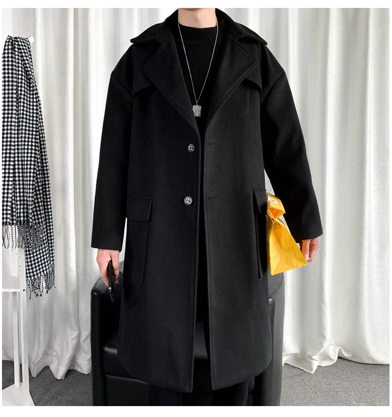 Mens Hooded Long Woolen Coats Oversized Solid Color Winter Windbreaker Korean Style Casual Outwear