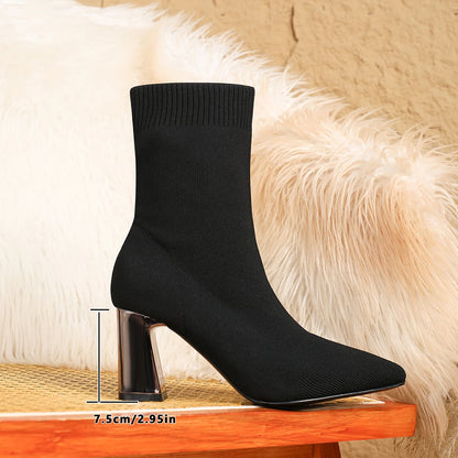 Women's Autumn and Winter New Short Boots Pointed Knitted Thick Heel High Heel Boots Elastic Fashion Sock Boots