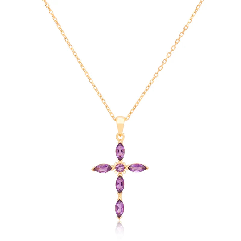 Vintage Women Jewelry Gift Gemstone Hand Setting Marquise Round Shape Amethyst Cross Necklace for Christmas Gift