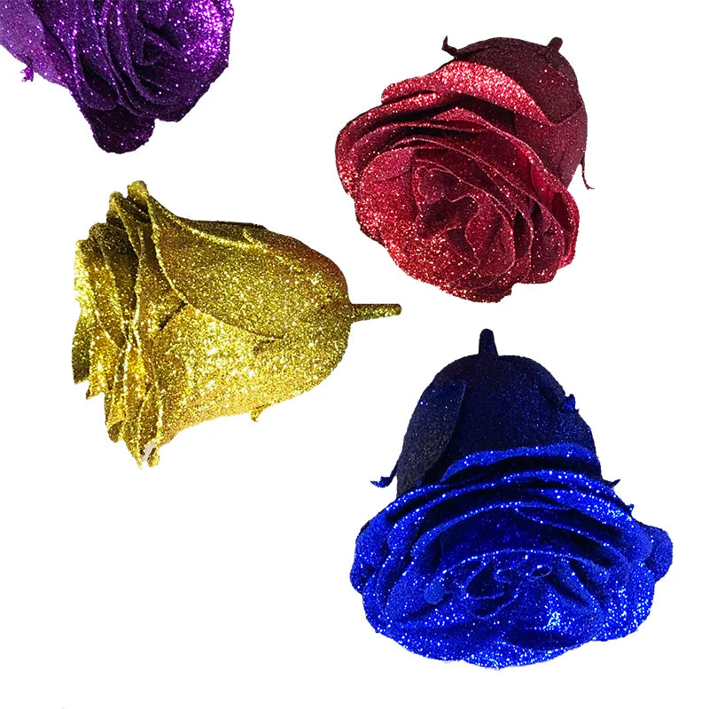 Cheap Wholesale 50pcs Golden Powder Bling Rose Head Bouquet Wrapped Gift Box Artificial Silk Flowers Waterproof Flower in Bulk