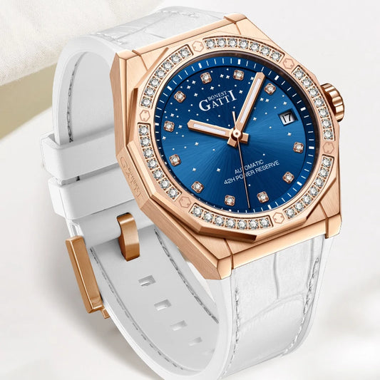 Bonest Gatti Fashion Mechanical Automatic Skeleton Lady Fashion Luxury  Watch for Women  Mosan Diamond Dial Leather Strap Watch