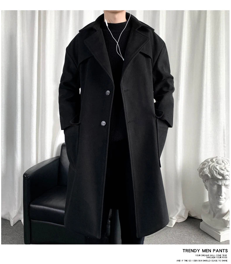 Mens Hooded Long Woolen Coats Oversized Solid Color Winter Windbreaker Korean Style Casual Outwear