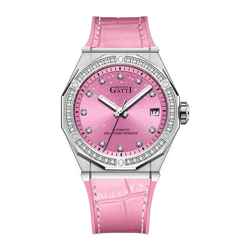 Bonest Gatti Fashion Mechanical Automatic Skeleton Lady Fashion Luxury  Watch for Women  Mosan Diamond Dial Leather Strap Watch