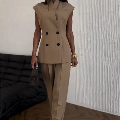 2025 Women Elegant Solid Jacket Pants Set Sleeveless Double Breasted Stand Collar Top Straight High Waist Trousers Women Suit