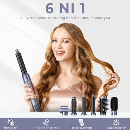 Professional 6-in-1 Electric Straightener Curler Hot Air Brush Custom Logo Multi-Function Hair Brush Blow Dryer
