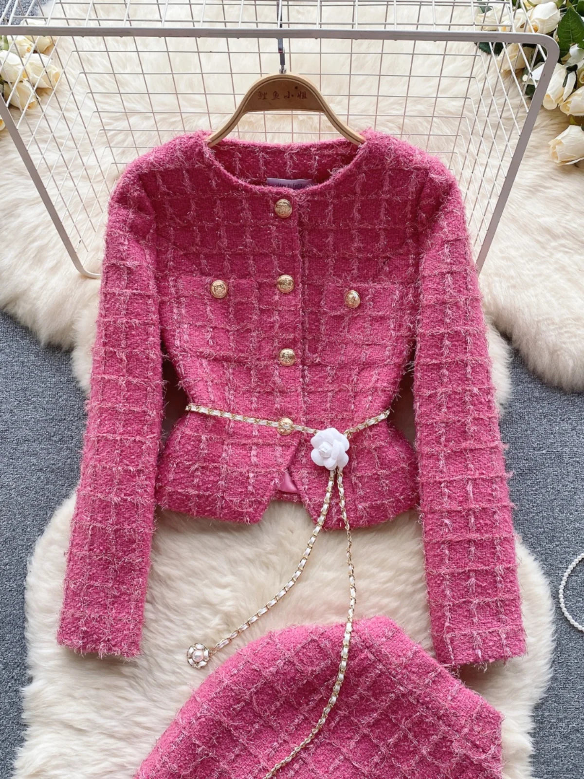 Boutique Wholesale 2026 Autumn New High-end Woolen Cardigan Jacket Split Mid Length Skirt Women's Set