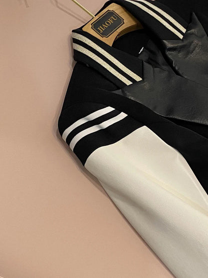 Custom Designed Black White Colorblock Lady Baseball Jacket Women Long Sleeve Double-breasted Patchwork Striped Blazer