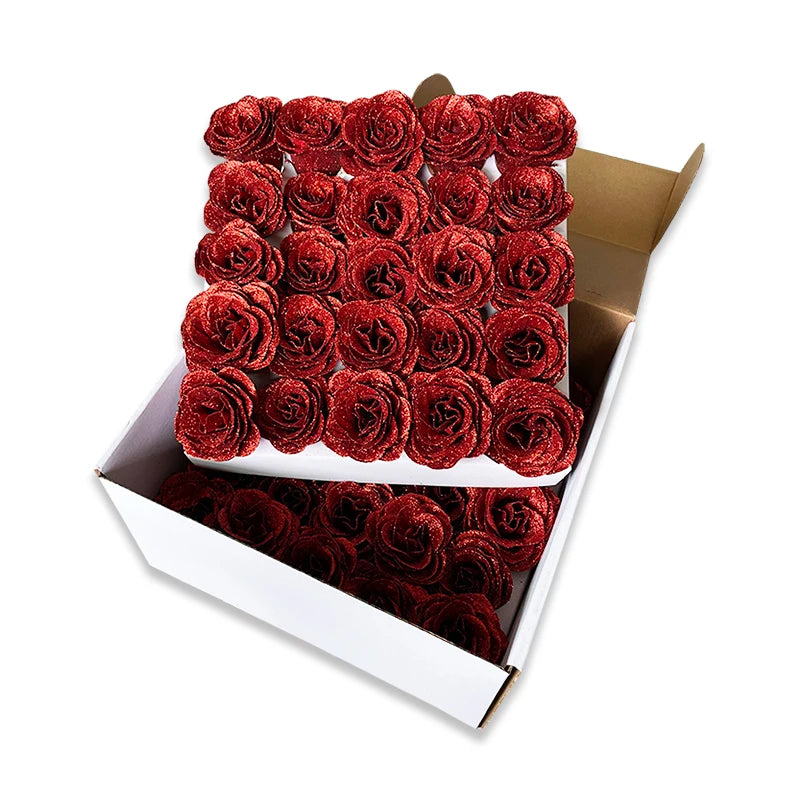 Cheap Wholesale 50pcs Golden Powder Bling Rose Head Bouquet Wrapped Gift Box Artificial Silk Flowers Waterproof Flower in Bulk