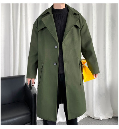 Mens Hooded Long Woolen Coats Oversized Solid Color Winter Windbreaker Korean Style Casual Outwear