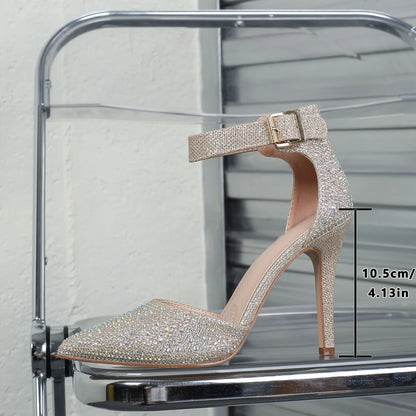 New Fashion Pointed Toe Stiletto Ankle Strap Women's High Heels Rhinestone Decoration 10.7cm Sexy Party Shoes