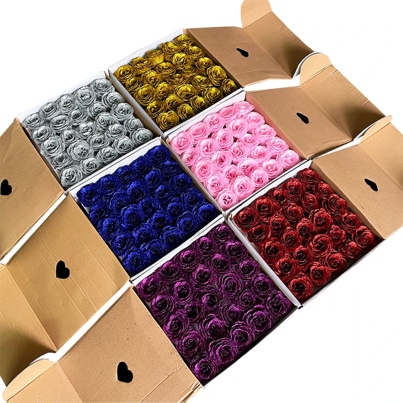 Cheap Wholesale 50pcs Golden Powder Bling Rose Head Bouquet Wrapped Gift Box Artificial Silk Flowers Waterproof Flower in Bulk