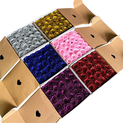 Cheap Wholesale 50pcs Golden Powder Bling Rose Head Bouquet Wrapped Gift Box Artificial Silk Flowers Waterproof Flower in Bulk