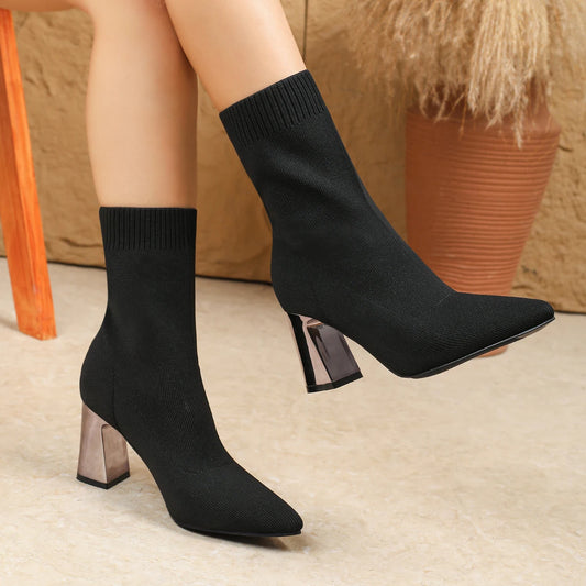 Women's Autumn and Winter New Short Boots Pointed Knitted Thick Heel High Heel Boots Elastic Fashion Sock Boots