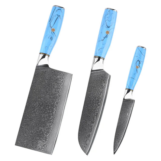 Customizable Kitchen Chef Knife Set 67-Layer Damascus Steel with Turquoise Handle for Food Preparation